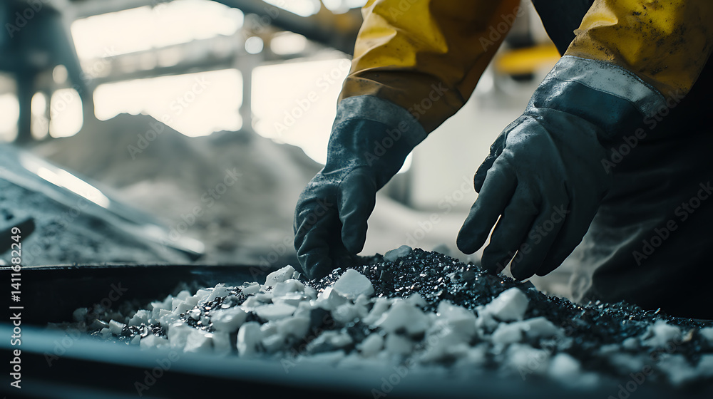 Laborer sorting lithium ore at a processing plant for further refinement. Featuring ore sorting Laborer sorting lithium ore at a processing plant for further refinement. Featuring ore sorting