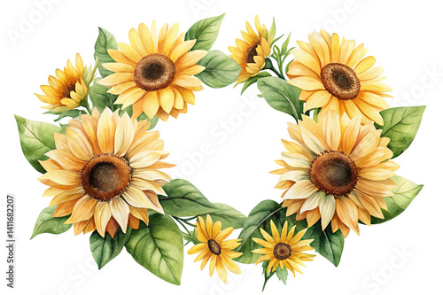 Wallpaper Mural Watercolor sunflower wreath with lush green leaves on a Trensprent Background png Torontodigital.ca