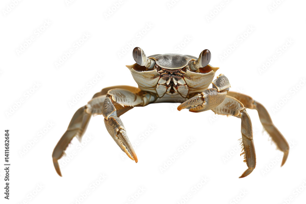 A small crab rests atop a smooth rock basking under natural light in a serene coastal setting, showcasing intricate details of its shell isolated on transparent background A small crab rests atop a smooth rock basking under natural light in a serene coastal setting, showcasing intricate details of its shell isolated on transparent background