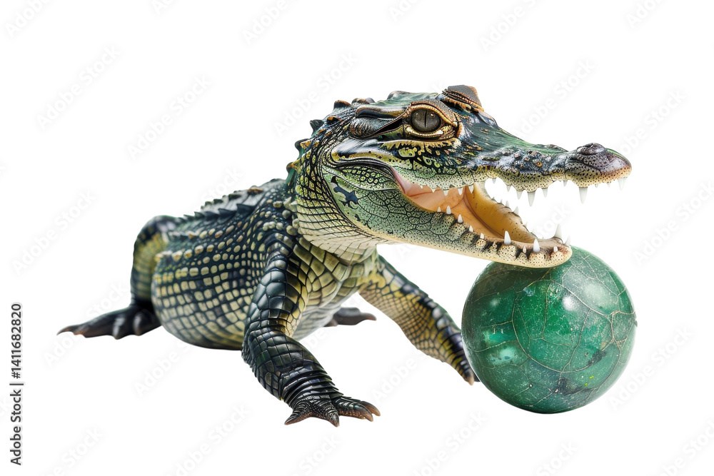 Fototapeta premium A playful crocodile toy engages with a vibrant green ball in a bright studio setting, showcasing whimsical creativity and imagination isolated on transparent background