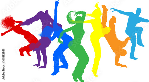 Street dancers dancing silh...