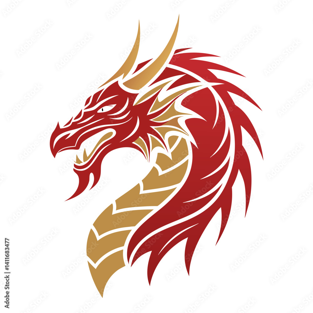 Obraz premium Fierce Red Dragon Head Illustration for Tattoo Design and Fantasy Artwork