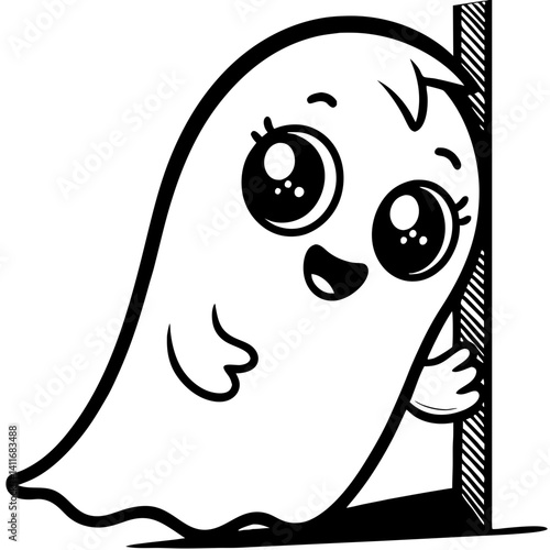 Cheerful Cartoon Ghost Peeking Around a Wall Ideal for Halloween Decorations and Kids Crafts
