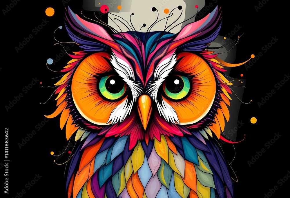 Abstract whimsical owl portrait, featuring flowing lines and vibrant colors, design, vision Abstract whimsical owl portrait, featuring flowing lines and vibrant colors, design, vision