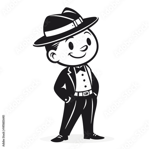 Stylish Vintage Cartoon Character in Tuxedo and Hat for Retro Design Projects