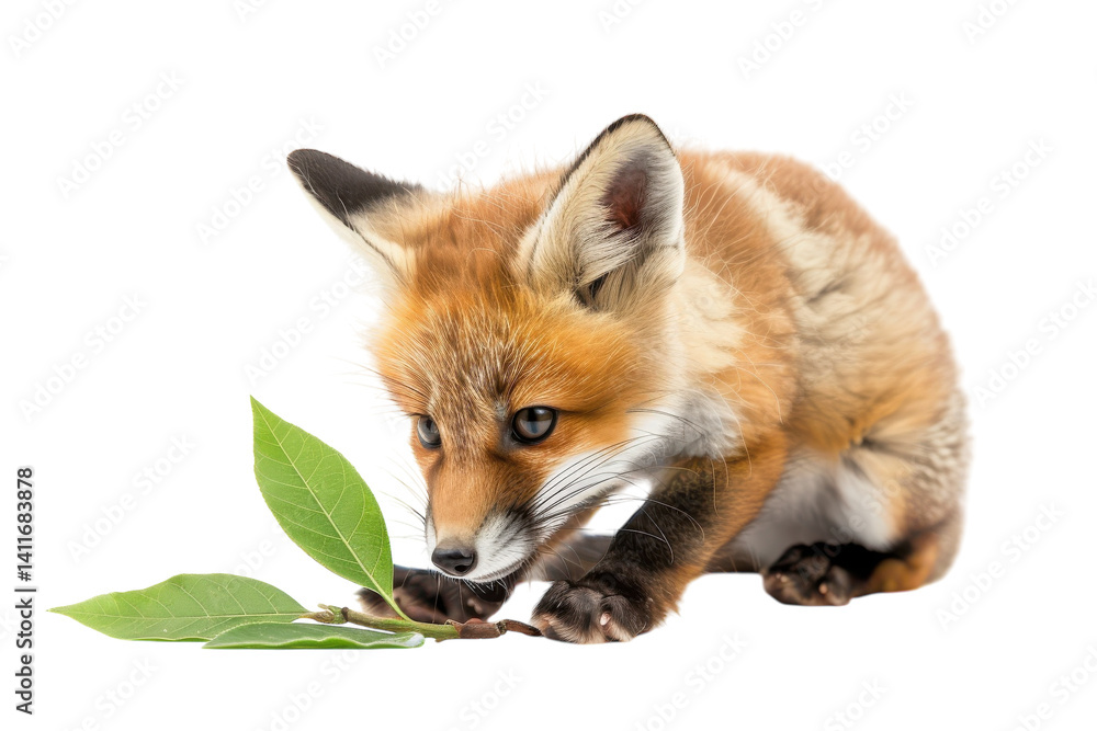 Obraz premium A curious red fox explores green leaves in a bright studio setting, showcasing its playful nature and striking colors isolated on transparent background
