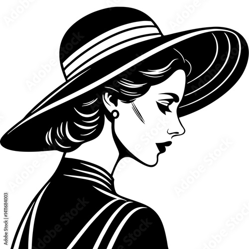 Elegant Vintage Woman Profile with Hat in Black and White Art for Tattoo and Decoration