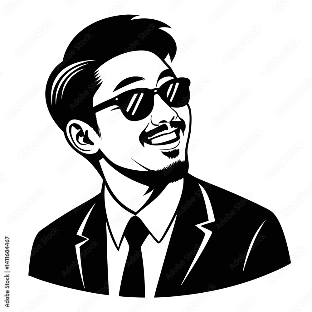 Stylish Man in Sunglasses and Suit Smiling Vector Illustration for Fashion and Branding Stylish Man in Sunglasses and Suit Smiling Vector Illustration for Fashion and Branding