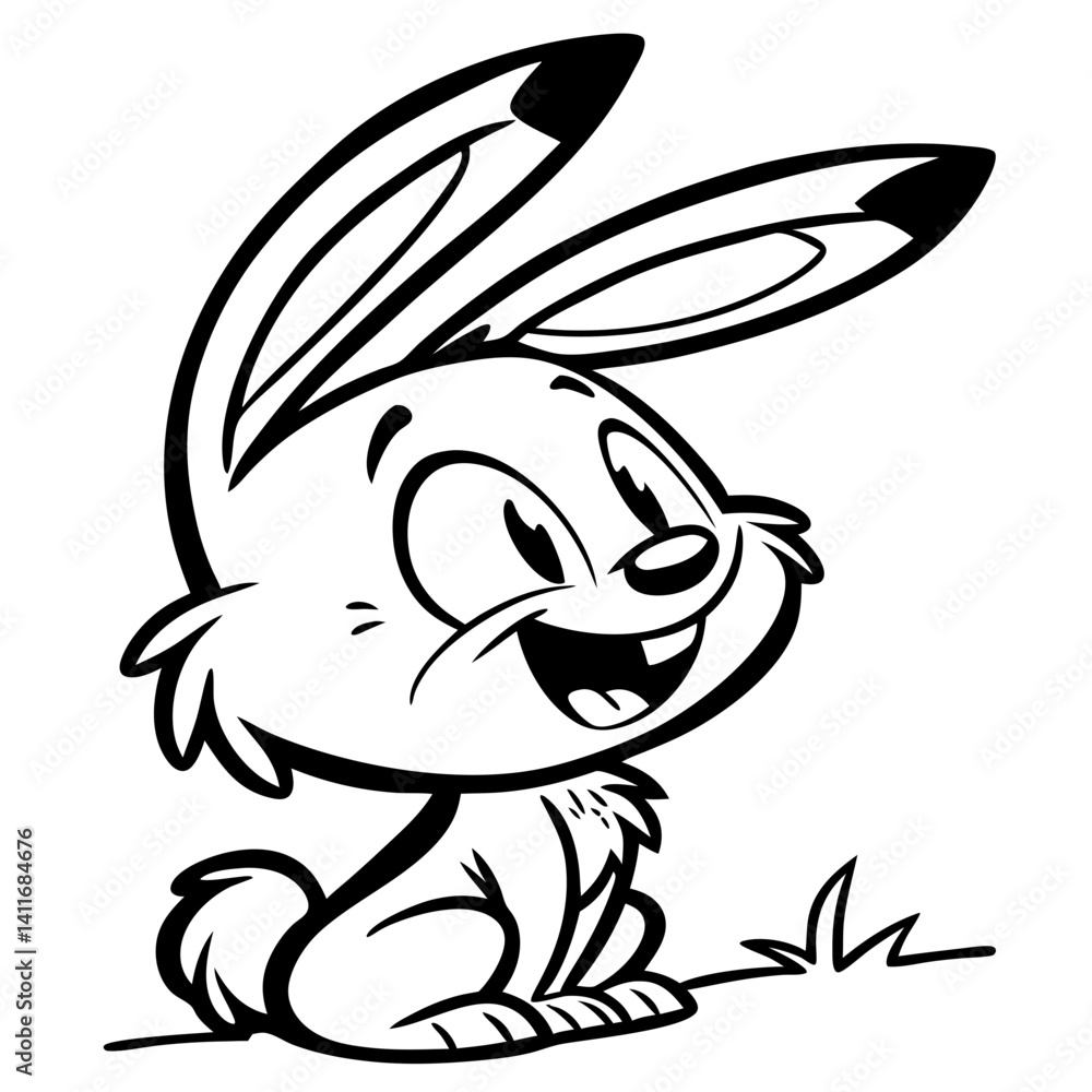Obraz premium Happy Cartoon Bunny Character Sitting with Big Ears Ideal for Childrens Coloring Pages