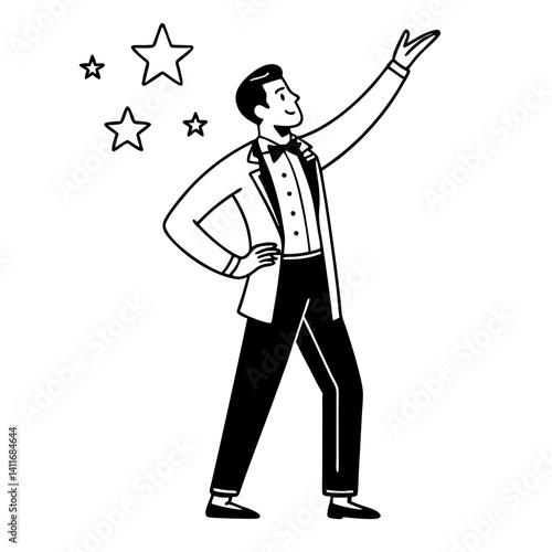 Cheerful Performer in Tuxedo with Stars Representing Celebration and Showbiz Theme