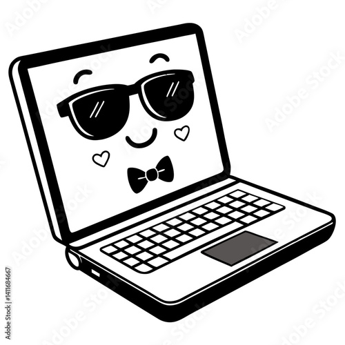 Cool Smiling Laptop with Sunglasses Bowtie and Hearts Design for Fun Illustrations