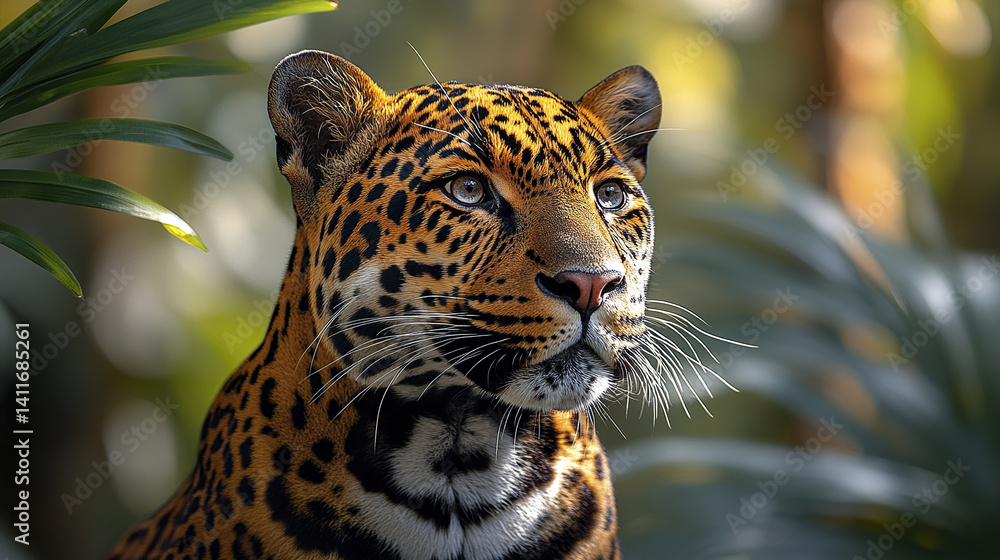 majestic big cat with vibrant fur and intense gaze in lush jungle setting majestic big cat with vibrant fur and intense gaze in lush jungle setting