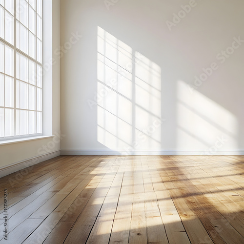 Sunlit Corner Room: Sunlight streams through a large window, casting shadows on the floor and white walls of an room.