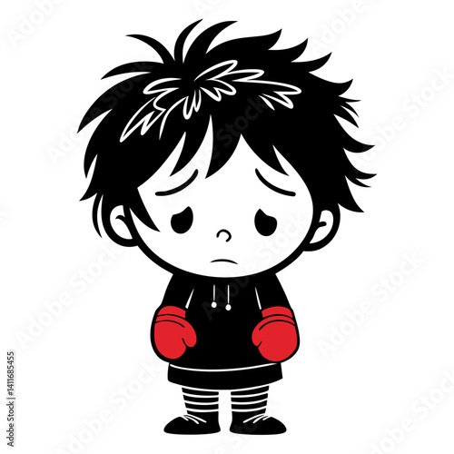 Sad Cartoon Character Boy with Messy Hair and Red Gloves for Coloring and Tattoo Design