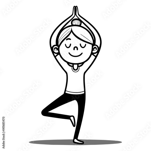 Yoga Girl in Tree Pose Meditating Vector Illustration for Wellness and Mindfulness Activities
