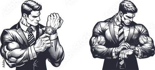 Engraving Featuring Muscular Man in a Suit with Stylish Watch – Detailed Line Art for Wood, Metal Engraving – Elegant Masculine Silhouette for Decor & Gifts bodybuilder, muscular man