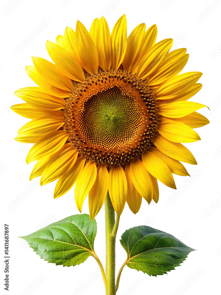 Obraz premium Striking sunflower portrait with vibrant yellow petals against a pure white backdrop