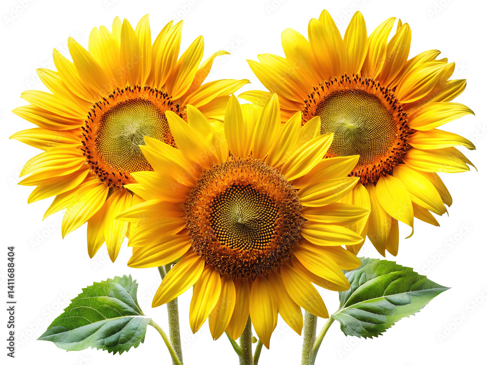 Obraz premium Three vibrant sunflowers displaying golden petals and captivating central disks against Trensprent Background png