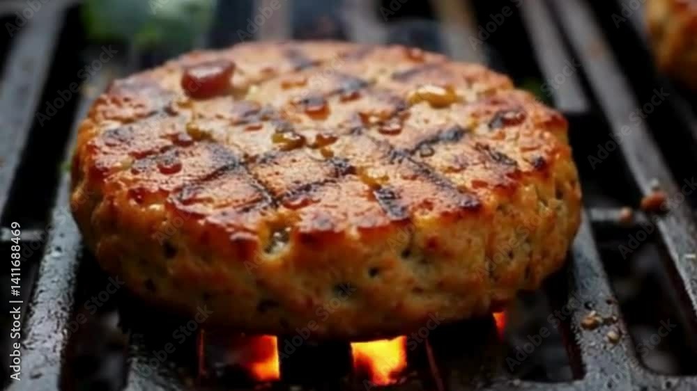 Plant based burger sizzling on a grill Plant based burger sizzling on a grill
