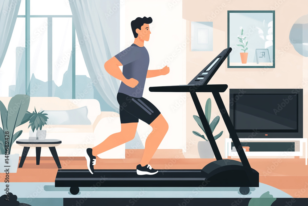 Fototapeta premium Man running on treadmill at home indoor workout fitness exercise health