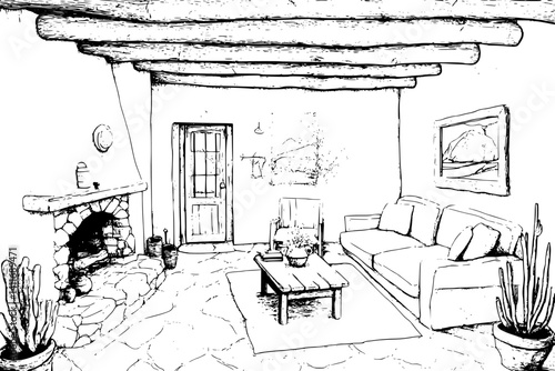 Adobe dwelling coloring book interior, Adobe dwelling vector graphic