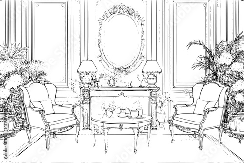 Interior design of Exhibition center, coloring book Exhibition center vector graphic