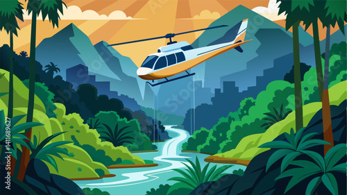 High above a lush rainforest the air taxi hovers over a raging river its doors opening to drop a rescue boat to save a group of stranded villagers.. Vector illustration