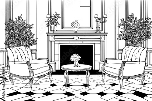 Funeral home coloring book interior, Funeral home vector graphic