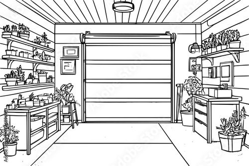 Garage coloring book interior, Garage vector graphic