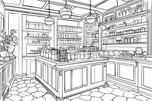 Pharmacy coloring book interior, Pharmacy vector graphic
