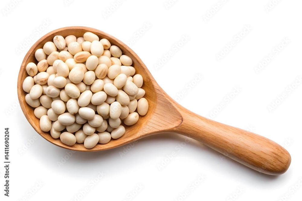 Organic White Beans in Wooden Spoon on White Background Organic White Beans in Wooden Spoon on White Background