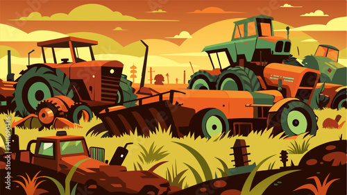 The fields are littered with discarded farming equipment left behind by the owners who could no longer maintain the land. Tractors plows and combines are now rusted relics lost in. Vector illustration