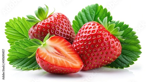 Ripe Strawberries Isolated, Half Strawberry, Green Leaves