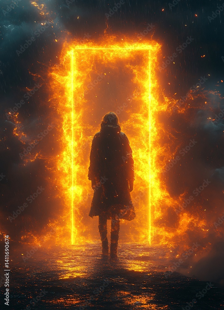 Mysterious Figure Standing Before Fiery Portal in Dark Environment Mysterious Figure Standing Before Fiery Portal in Dark Environment