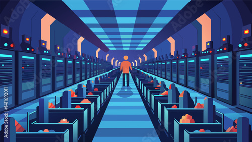 A giant server room filled with rows of blinking lights processing massive amounts of user data and video content.. Vector illustration