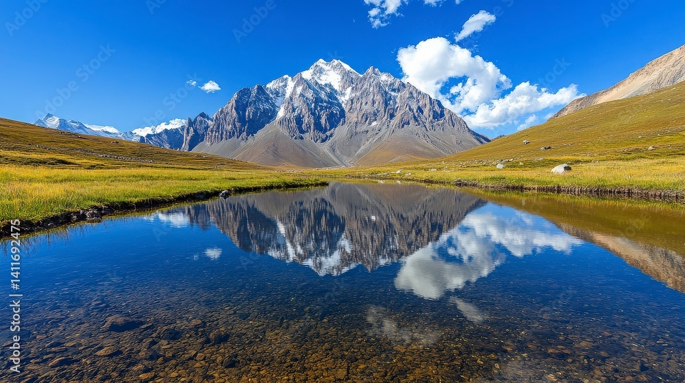 Fototapeta premium Majestic Mountain Range Reflected in Tranquil Lake Under Blue Sky