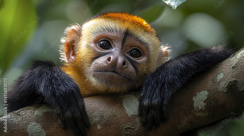 Fototapeta premium curious capuchin monkey rests on tree branch, displaying human like expression