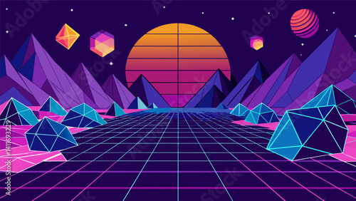An abstract landscape filled with bright geometric shapes symbolizing the vast possibilities of using quantum computing for data analysis.. Vector illustration