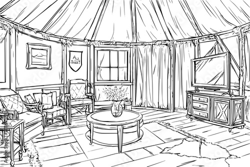 Interior design of Yurt, coloring book Yurt vector image
