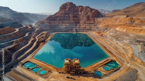 Aerial view of a large open pit mine with water bodies