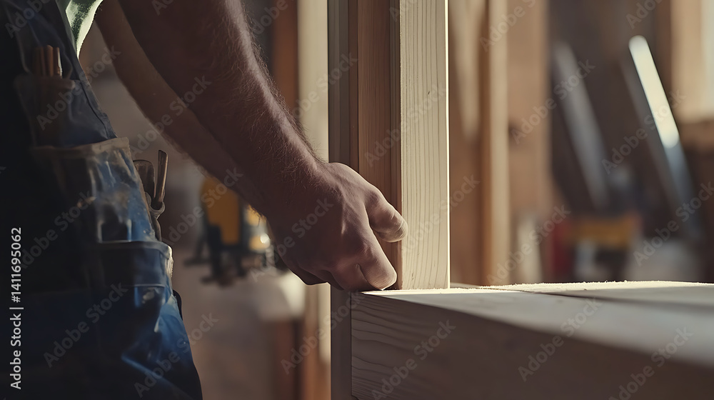 Obraz premium Carpenter installing a door frame in a new home. Featuring home construction and door installation