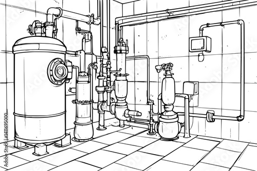 Water treatment plant coloring book interior, Water treatment plant vector image