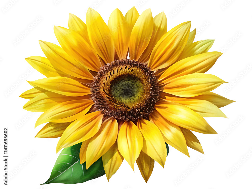 Fototapeta premium Beautiful sunflower with bright yellow petals and a vibrant brown center on white