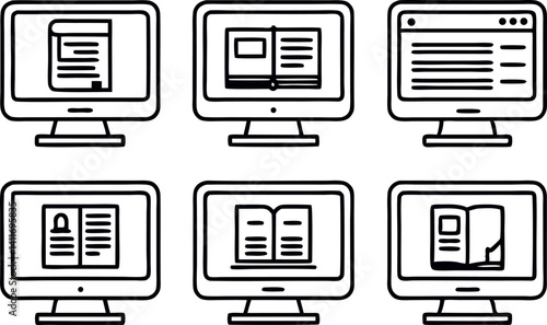Digital screens display various documents and webpages with text and graphics in a modern design