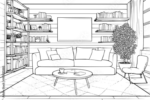 Interior design of Halfway house, coloring book Halfway house illustration art