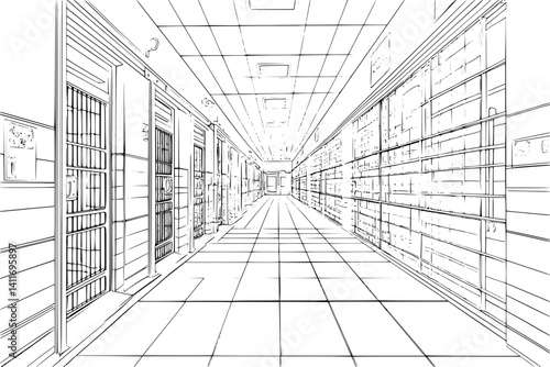 Detention center coloring book interior, Detention center illustration art