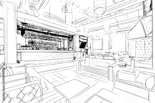 Night club coloring book interior, Night club illustration art