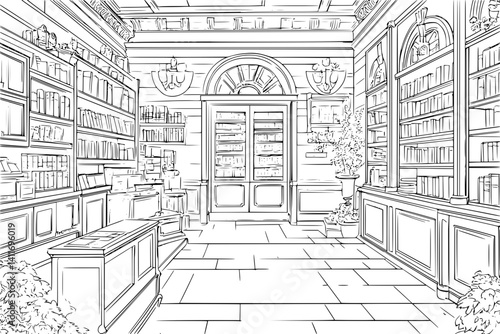 Interior design of Post office, coloring book Post office illustration art