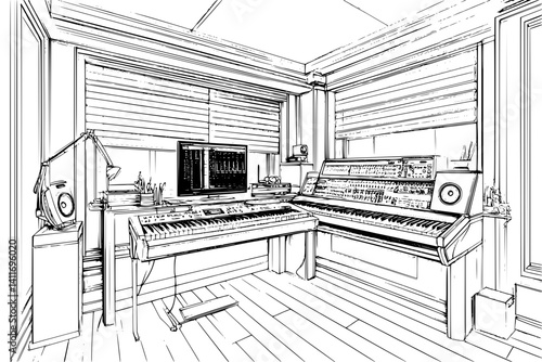 Recording studio coloring book interior, Recording studio illustration art