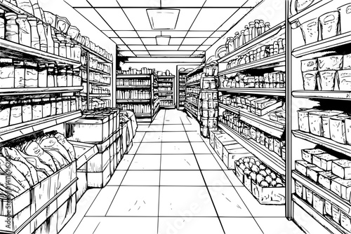 Interior design of Supermarket, coloring book Supermarket illustration art